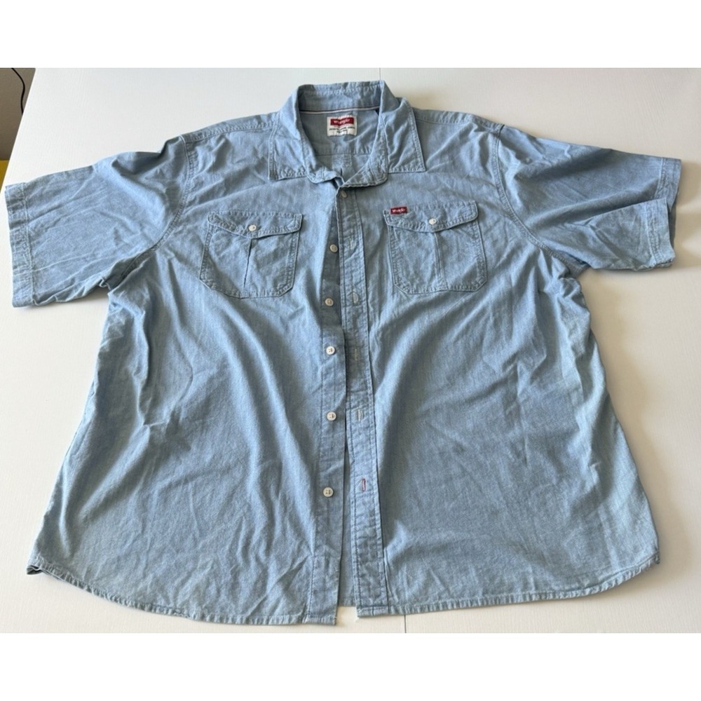 Wrangler Shirt Mens 2XL Blue Denim Stretch Short Sleeve Button Front Western